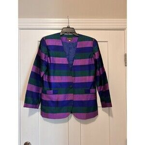 Vintage Silk Jacket Colorful 1980’s Stripes Purple Pink Green Lightweight Size 8